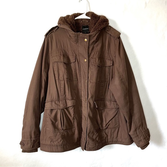Lane Bryant 22 / 24 Washed Cotton Utility Jacket Brown Hooded Chores Pockets